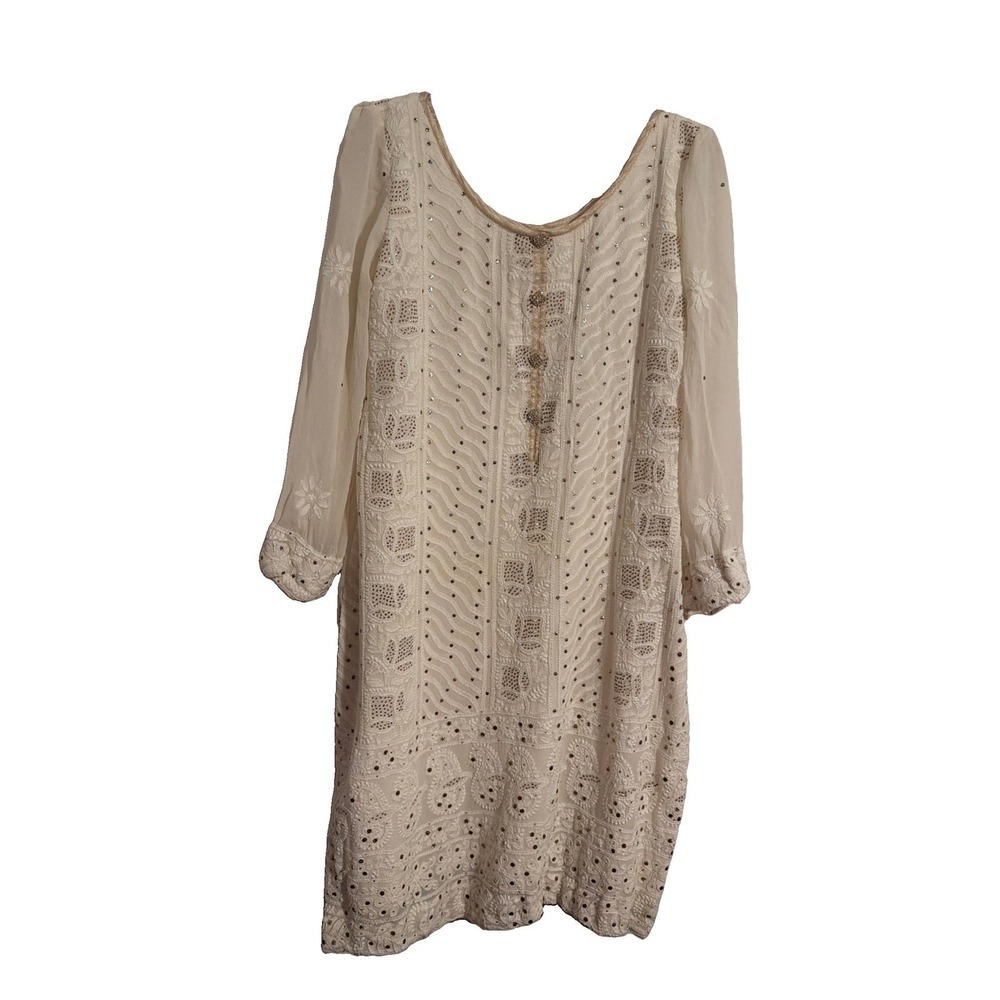 Lucknowi Chikankari Kurta Women Ivory Embroidered Tunic Sequins Top No Size